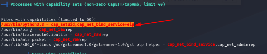 Linpeas showing cap_setuid capability