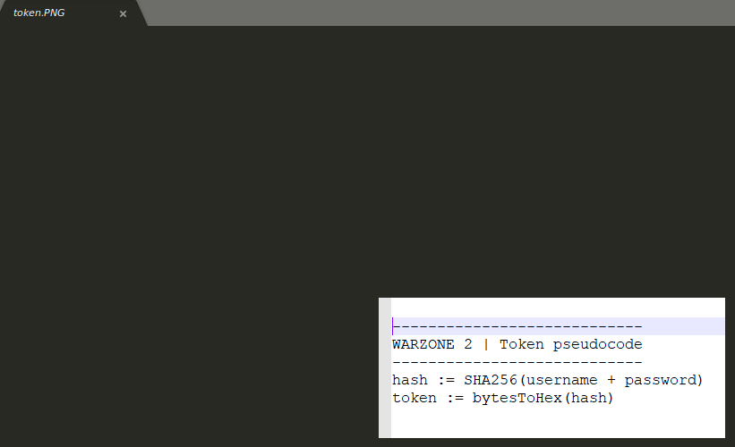 Machine generated alternative text: token. PNG WARZONE 2 | Token pseudocode hash . token : SHA256 (username + password) bytesToHex (hash) 